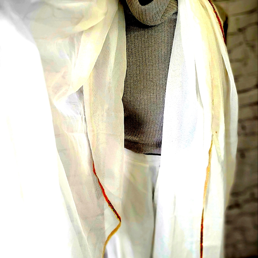 🤎🤍HUGE GOLD TRIMMED WHITE SHEER COVER UP, X-LARGE SCARF, or Thow❓️❗️🤎🤍